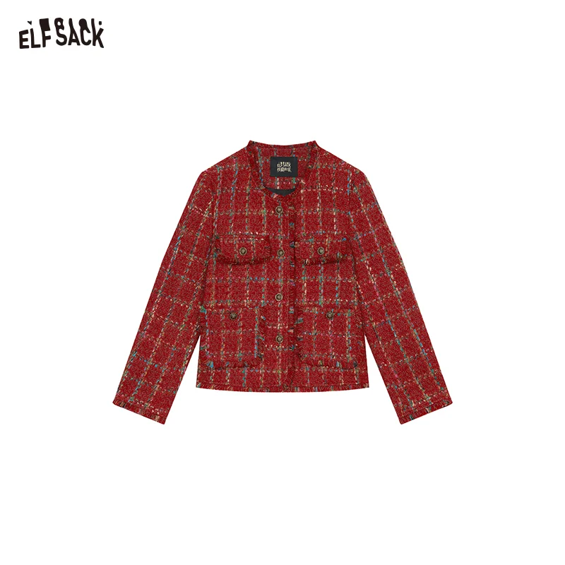 ELFSACK-Veste Courte Vintage à Carreaux Rouge pour Femme, Manches sulf, Simple Boutonnage, Col Rond, High Street, Nouvelle Collection Printemps 2025