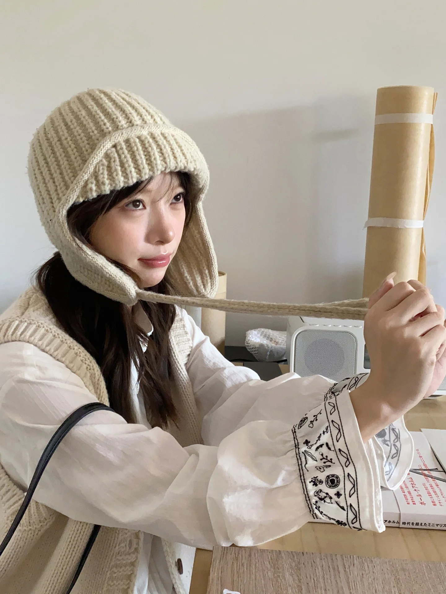 

Женская осенняя кофта Milk Rabbit Pl Long Sve из чистого хлопка с вышивкой, воротником-стойкой, полосатой текстурой на манжетах, в стиле слэш-жап...