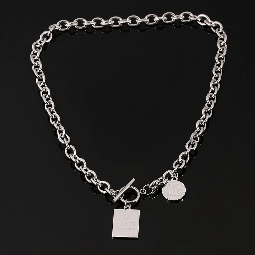 Harajuku Style Streetwear Punk Chain Women Choker Necklace Silver Color Love Me Tender Square Circle Pendant Necklaces Jewelry