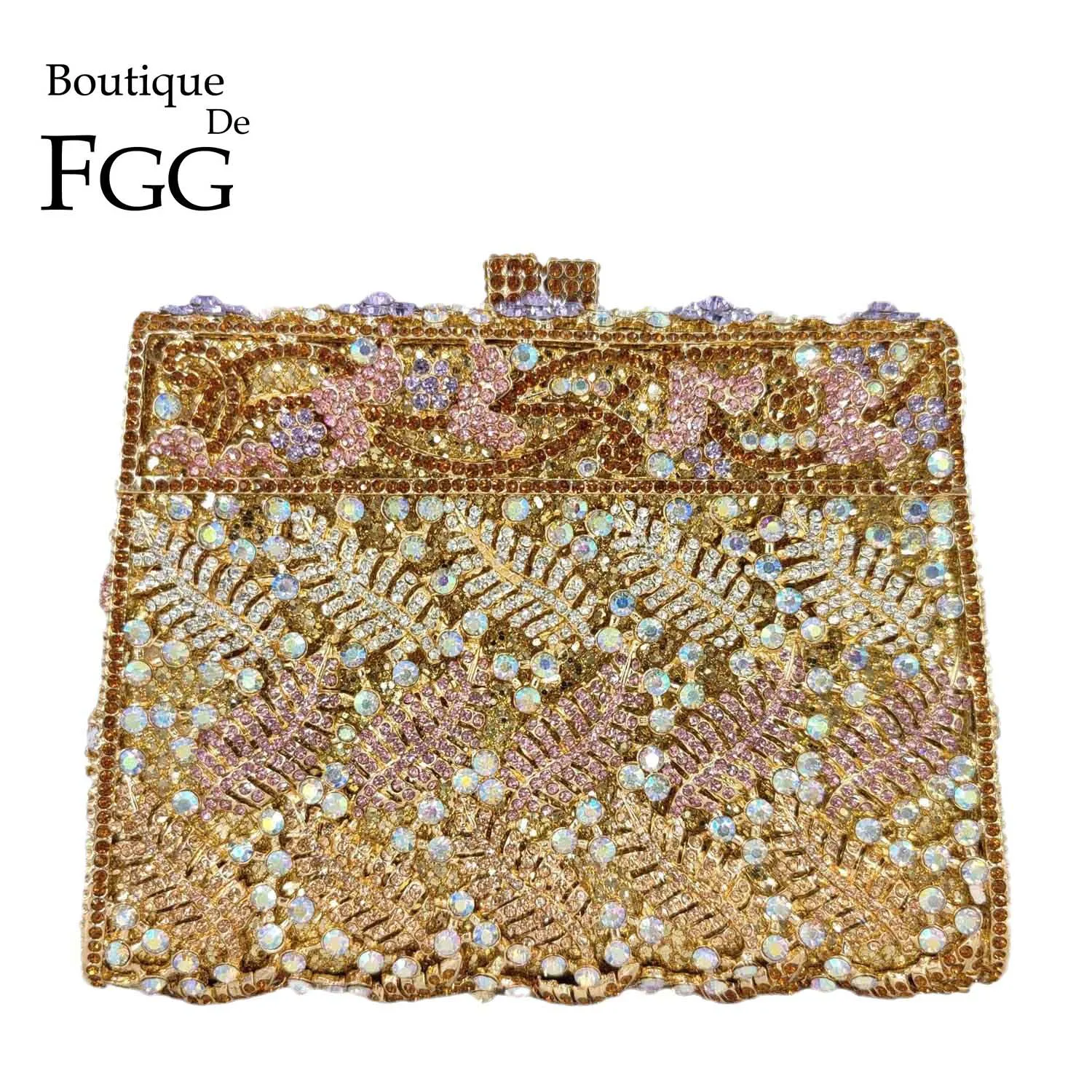 Boutique De FGG Multicolored Women Flower Clutch Crystal Evening Purses Metal Rhinestone Minaudiere Handbag Wedding Bridal Bags