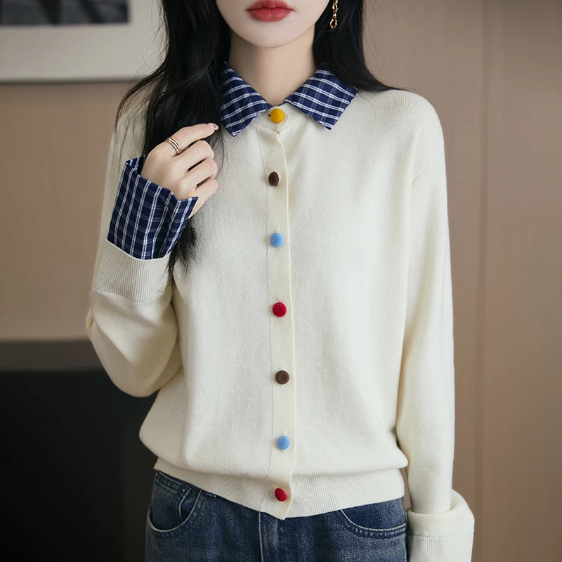 

Spring and Autumn New 100% Pure Wool Plaid Square Collar Knitted Loose Cardigan casual color matching bottoming sweater