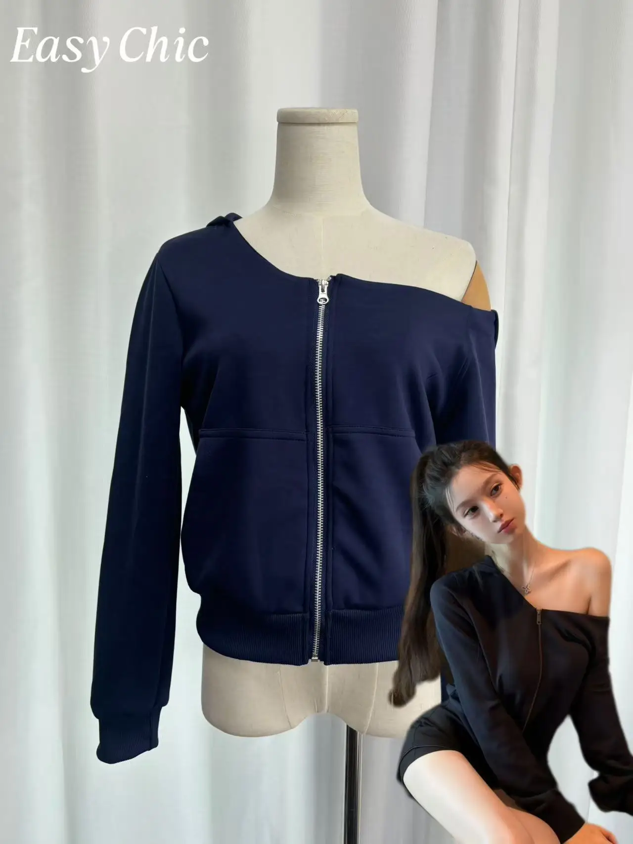

Navy Blue Off Shoulder Hooded Zipper Cardigan Women's Casual Korean Style Trendy Cropped Long Sleeve Sweatshirt Fall Winter Eleg