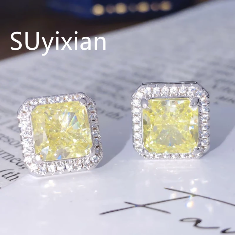 925 Sterling Silver Stylish Simple Ice Flower Cut Geometric Square Zircon Stud Earrings Daily Wear, Holiday Gift