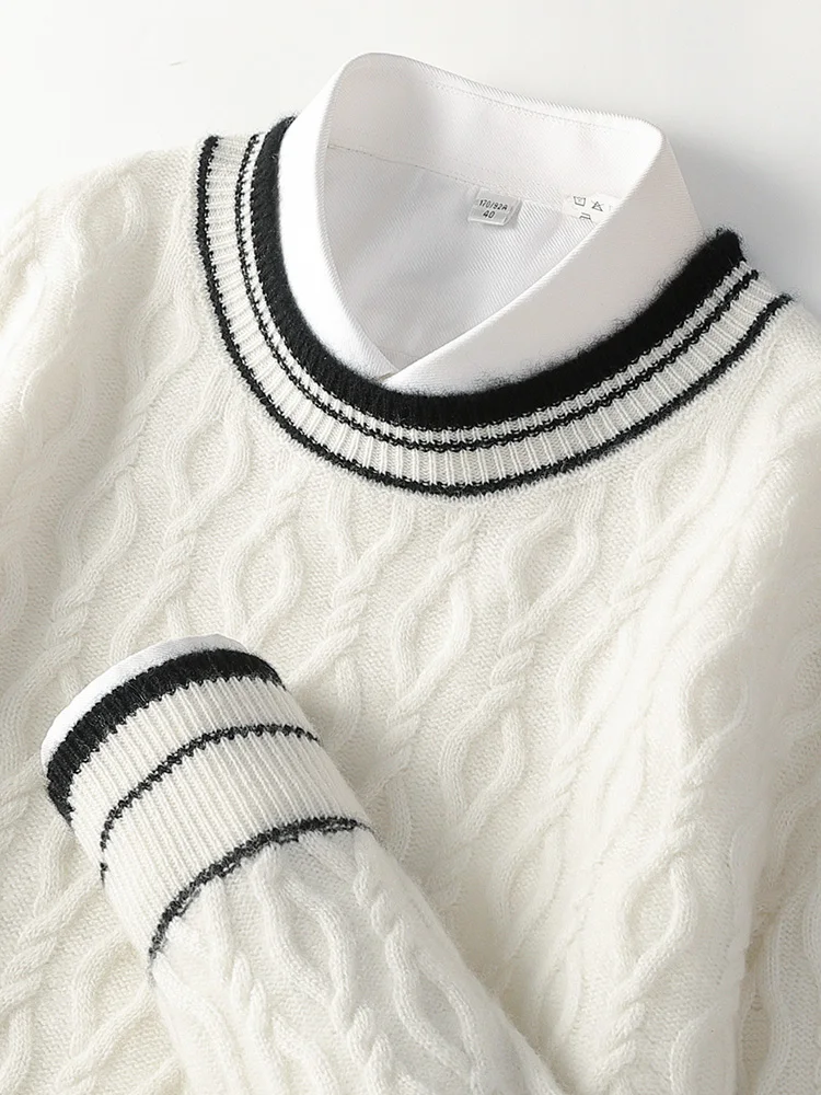 

TLOML Men's 100% Merino Wool Color Blocking O-neck Jacquard Pullover Autumn Winter Cashmere Sweater Smart Casual Thicken Tops