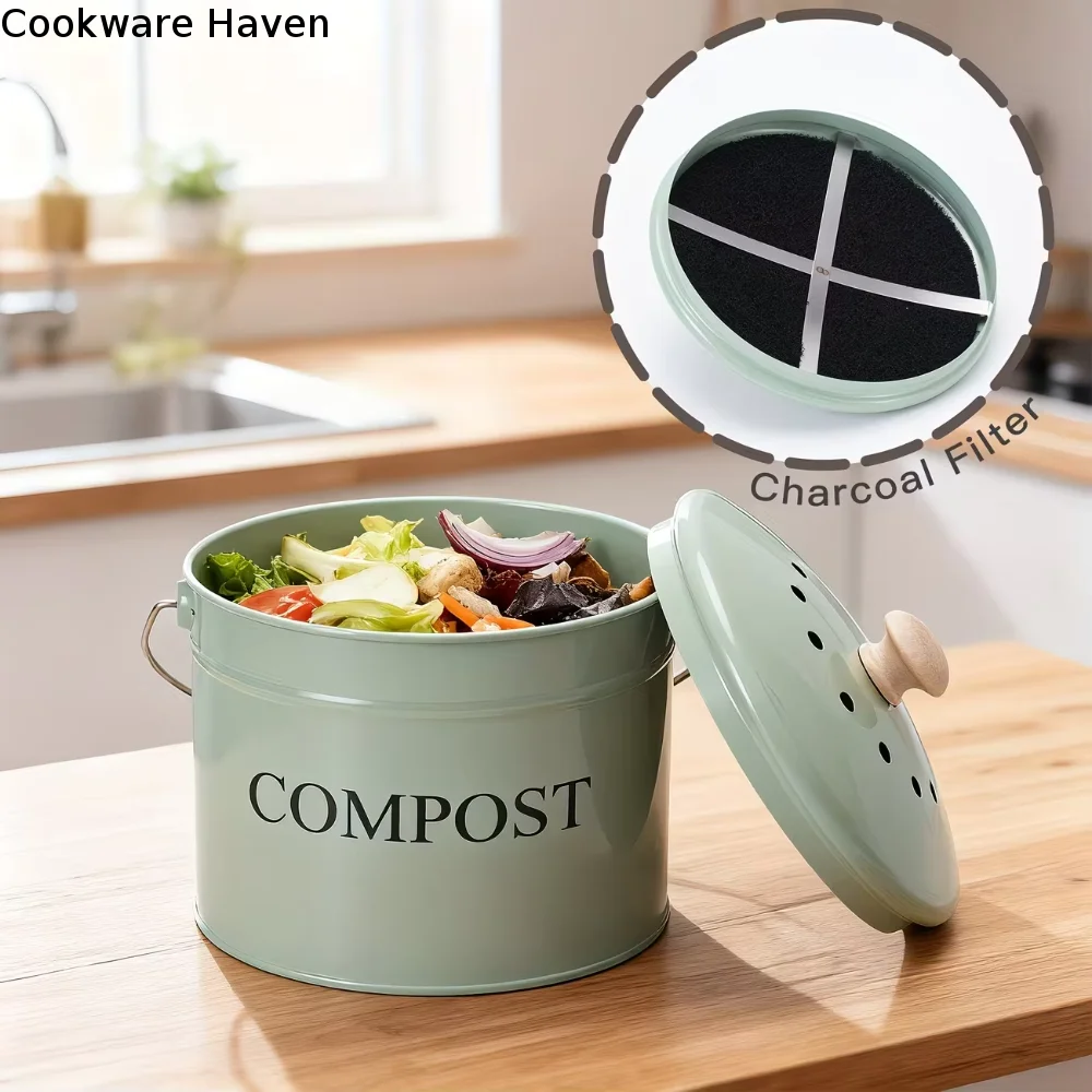 Odorless Kitchen Compost Bucket Activated Charcoal Filtration with Lid Food Waste Composting Bin Round Metal Kitchen Trash Bin
