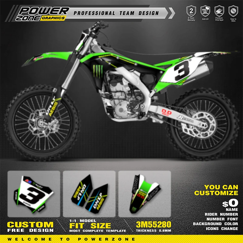 PowerZone Custom Team For Kawasaki KXF 250 KX 250F 2017 2018 2019 2020 Motorcycle Graphics Background Decals Sticker 03