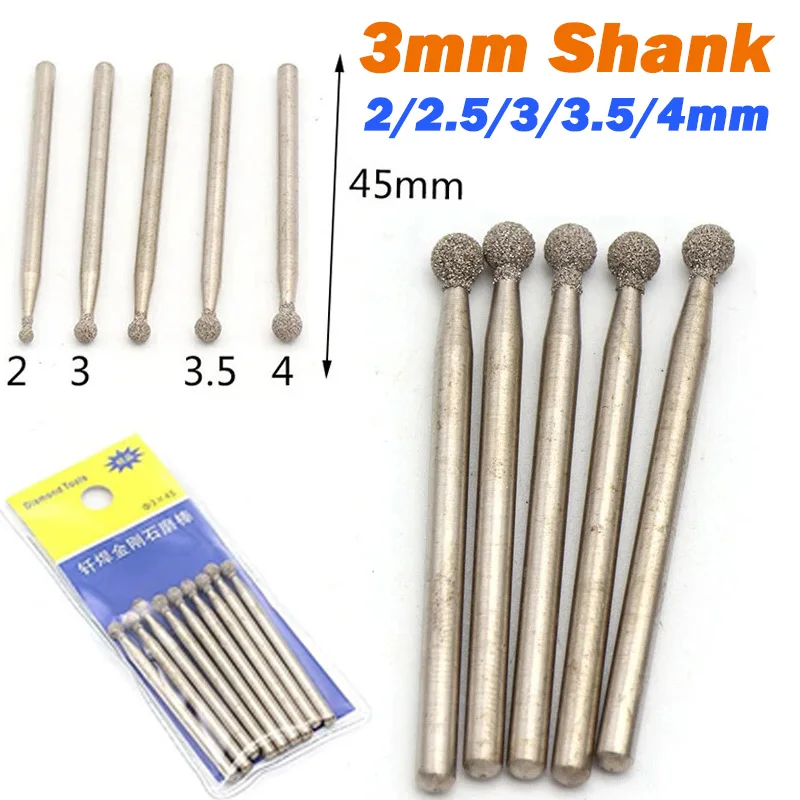 Diamond Ball Point Head Mounted Burr Drill Bits 2/2.5/3/3.5/4mm Ball Brazed Diamond Grinding Head 3mm Shank For Polishing