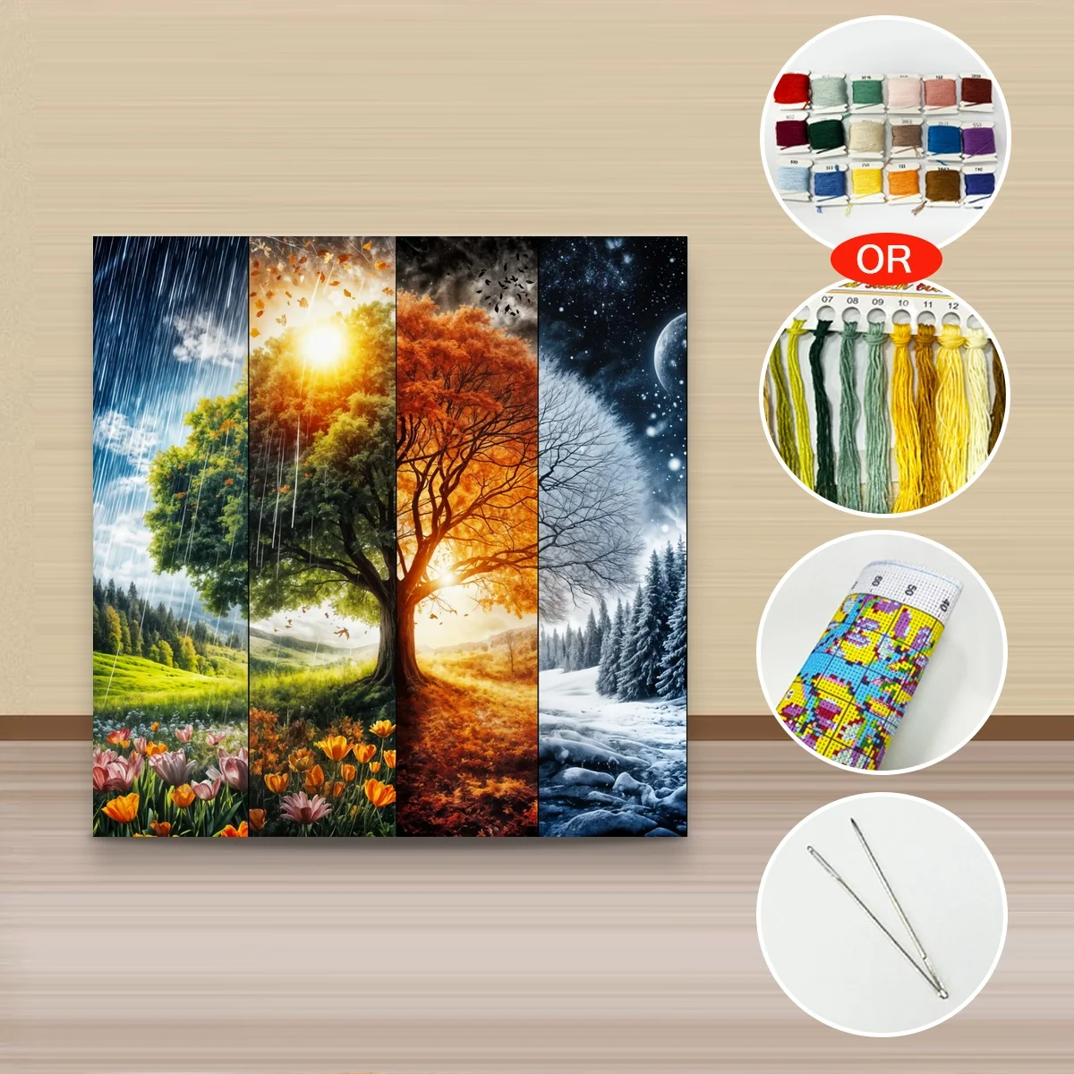 1 Stück 40x40 cm/15,74 Zoll, 11Ct/14Ct Kreuzstich-Set, DIY Valentinstagsgeschenk, Stickerei-Set für Festivals, Vier Jahreszeiten Baumlandschaft – Detail 3