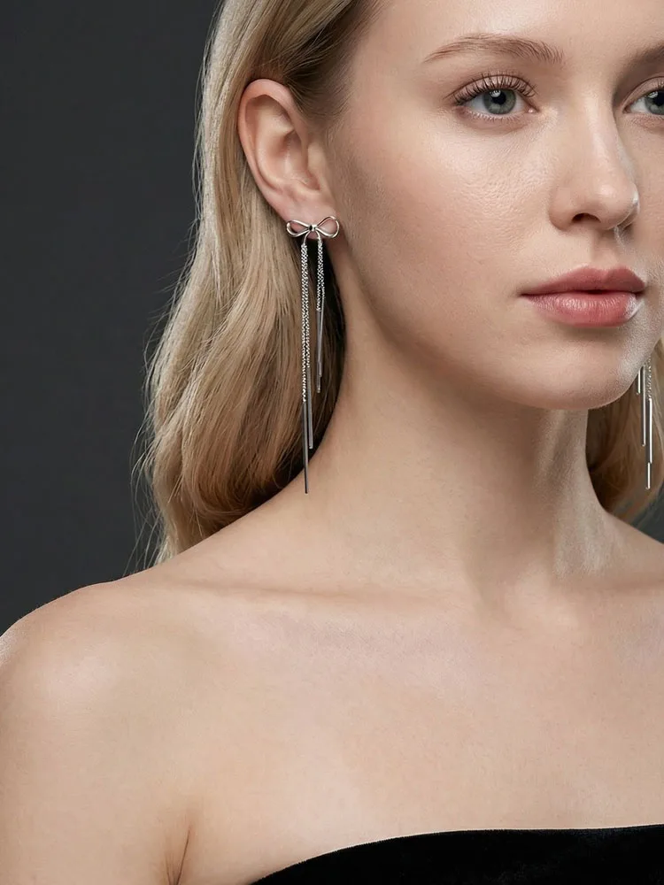 

Exquisite Bowknot Tassel Drop Earrings for Women, Silver Tone Long Fringe Chain,Fashion Party Jewelry Accessories