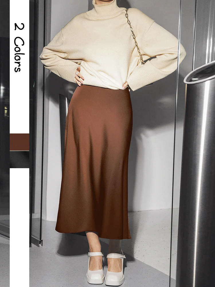 

Fashion Satin A-line Skirts Women Summer Long High Waist Skirt Casual Solid Party Faldas Saia Female Vintage Work OL Jupe