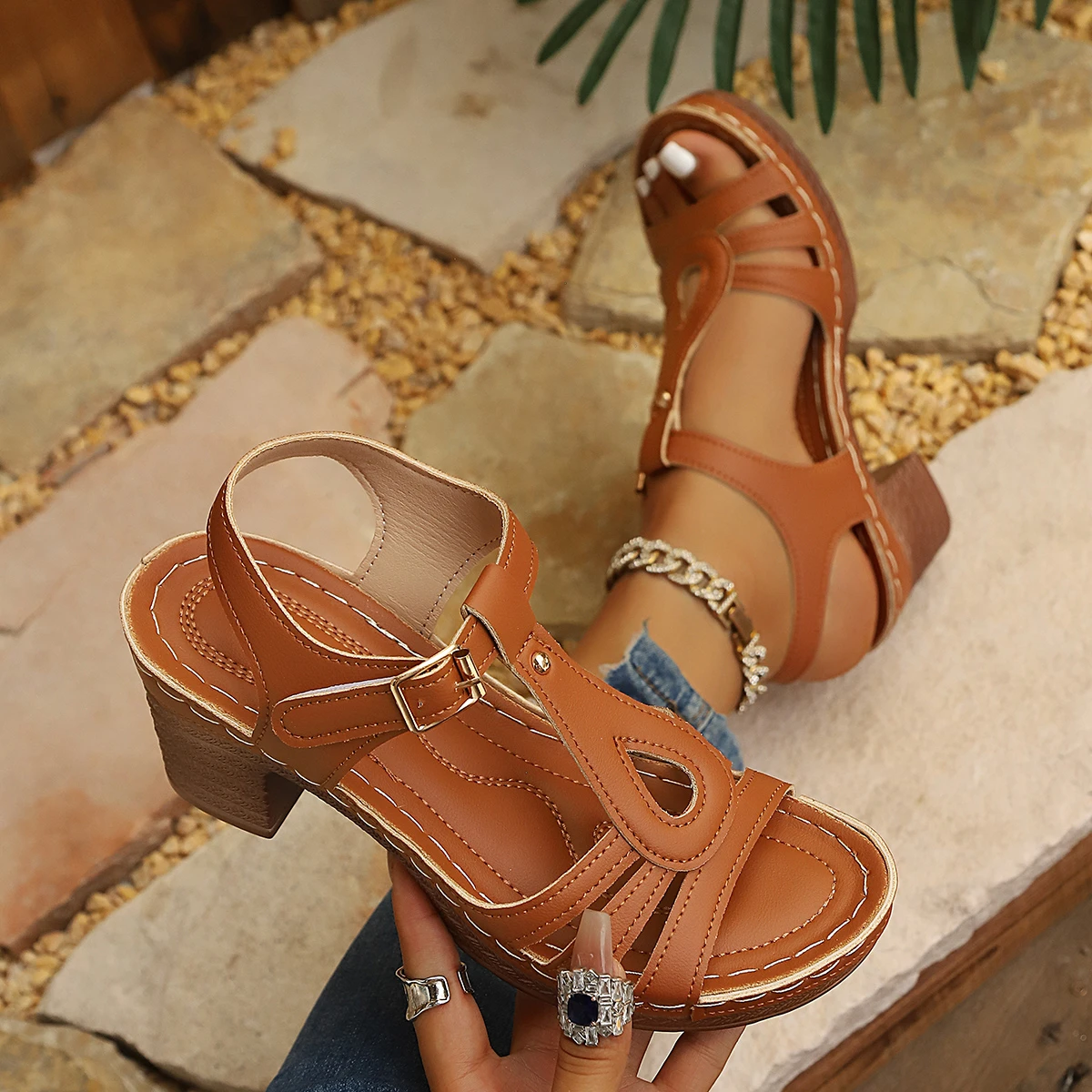 Plus Size 43 Sandals for Women Summer Fashion and Lightweight Peep Toe Hihg Heels Woman Ankle Strap Casual Gladiator Sandals image 3