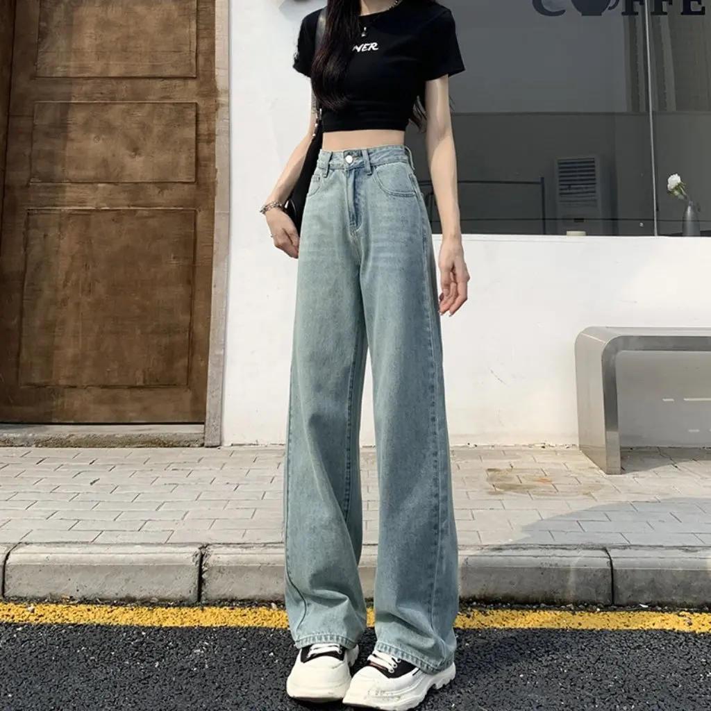 

Голубые широкие джинсы с вышитым бантом и высокой талией, женские свободные прямые брюки длиной до пола, осень