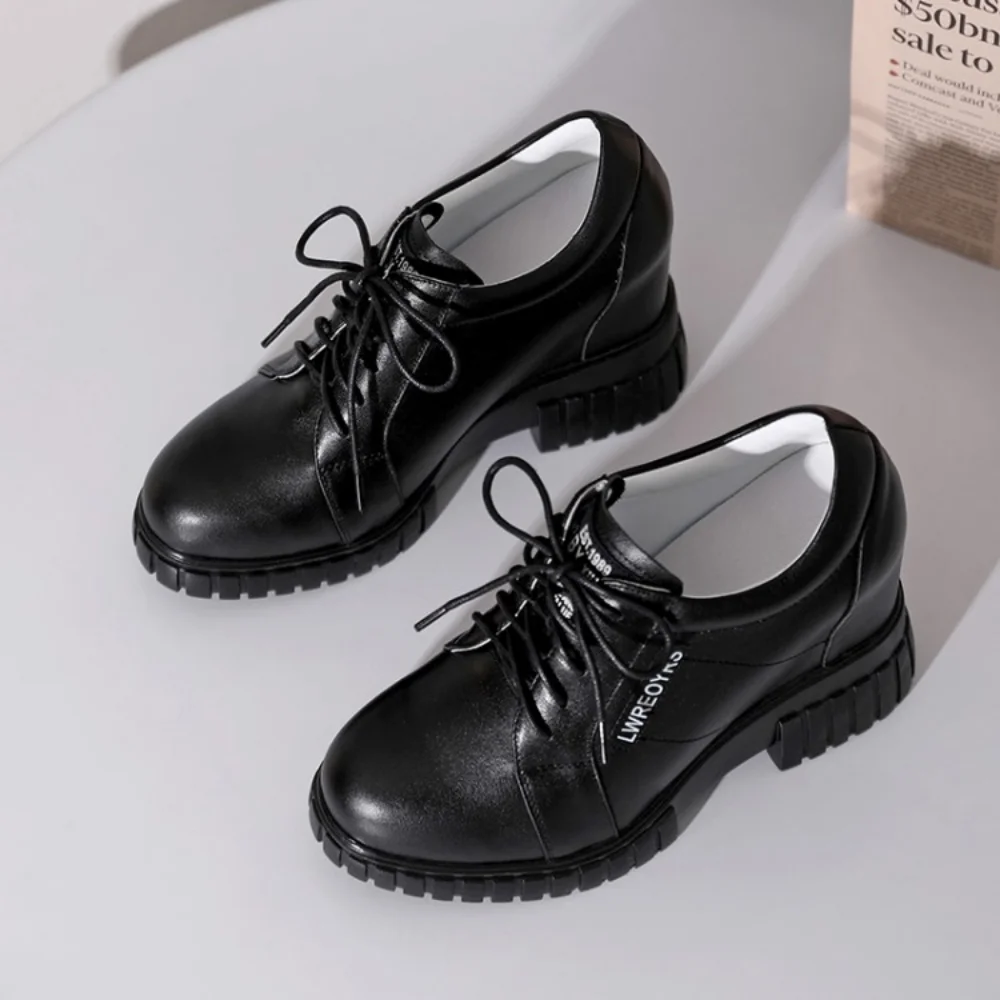 2024 New Ladies Sneakers Lace Up Wedge Heel Vulcanized Shoes Thick Sole Air Cushion Casual Shoes Genuine Leather Women\'s Shoes