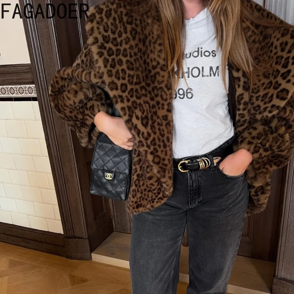 FAGADOER شتاء جديد Y2k موضة ليوبارد طباعة الفراء المرقعة معطف للمرأة التلبيب كم طويل فضفاض سترة الإناث الشارع الشهير #3
