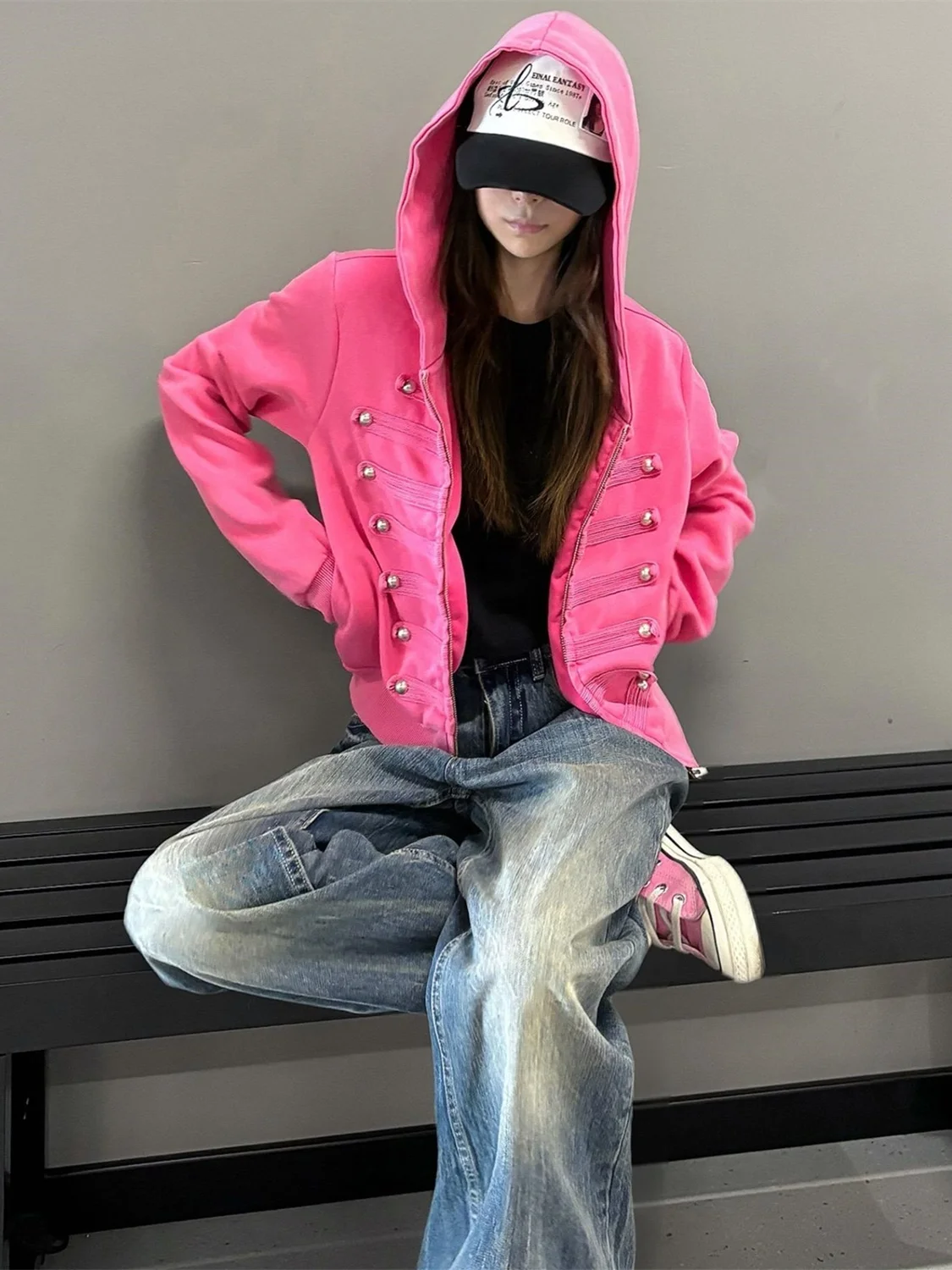 Retro American Washed Napoleon Hoodie Jacket Women's Casual Style Zipper Sweatshirt Open Cardigan Spring Autumn New Model