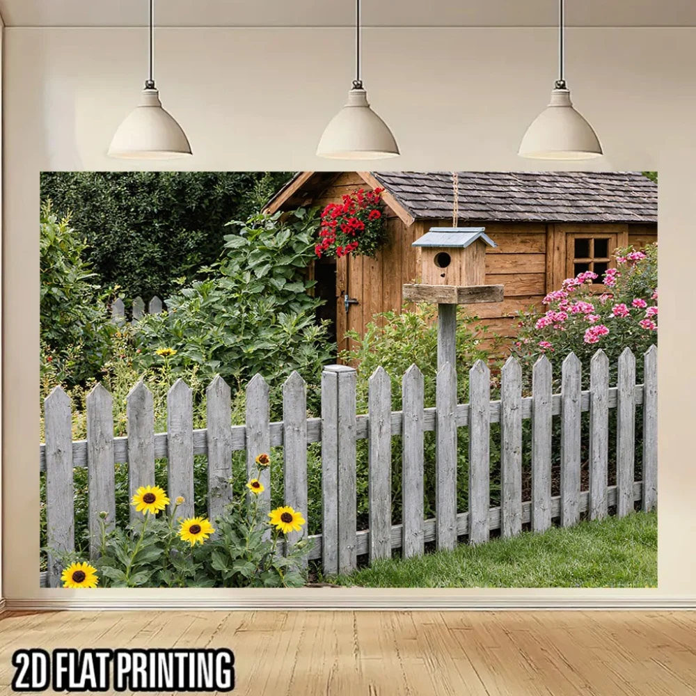 2D Flat, 1pc Small Cabin in the Garden Polyester Banner - UV Printed Outdoor/Indoor Decoration with Floral Fence & Cottage Desig