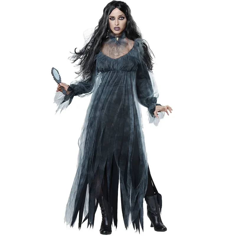 Adult Women Gothic Halloween Morticia Addams Ghost Witch Costume Horror Black Floor Lace Dress Gown Robe Clothes For Ladies BS62