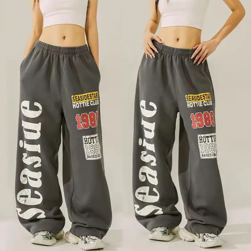 

Women's Vintage Graphic Wide-Leg Sweatpants -"Seaside" Letter Print Baggy Lounge Pants Casual Streetwear Autumn Trousers hip-hop