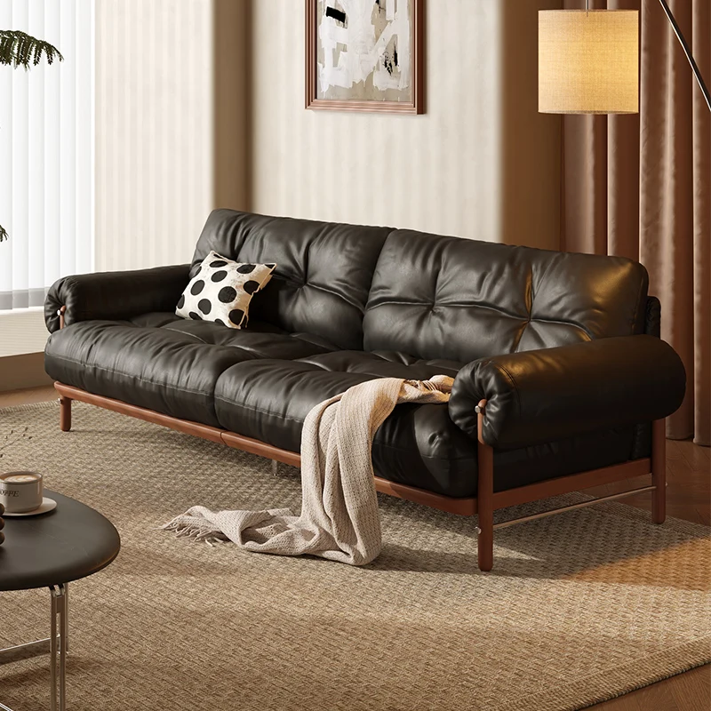 Retro Genuine Leather Sofa, Larch Solid Wood Frame, Plush Cushion Round Arm Couch for Mid‑Century Style Living Room Furniture