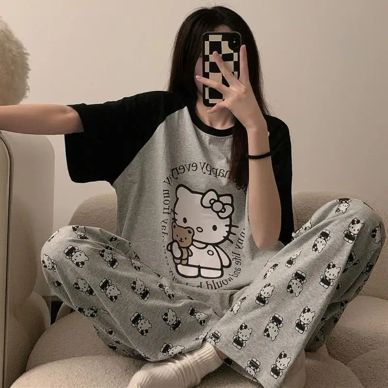 Sanrioed Hello Kittys Pajamas Cartoon Women's Summer Thin Short Sleeve Trousers T-Shirt New Fashion Home Clothes Suit Sleepwear