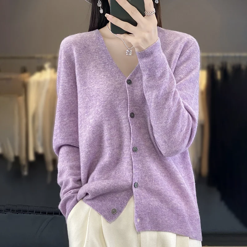 New Fashion Spring Autumn 100% Merino Wool Women\'s V-neck Cardigan Cashmere Sweater 2024 Female Knitwear Clothing Korean Tops