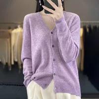 Cardigan à col en V pour femme, pull en cachemire, tricots pour femme, vêtements coréens, 100% laine mérinos, nouvelle mode, printemps et automne 2024 6