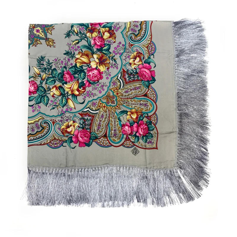 140*140cm New Design Women Russian Square Scarf Retro Floral Printed Fringed Handkerchief Ethnic Shawls BabushkaHead Wraps