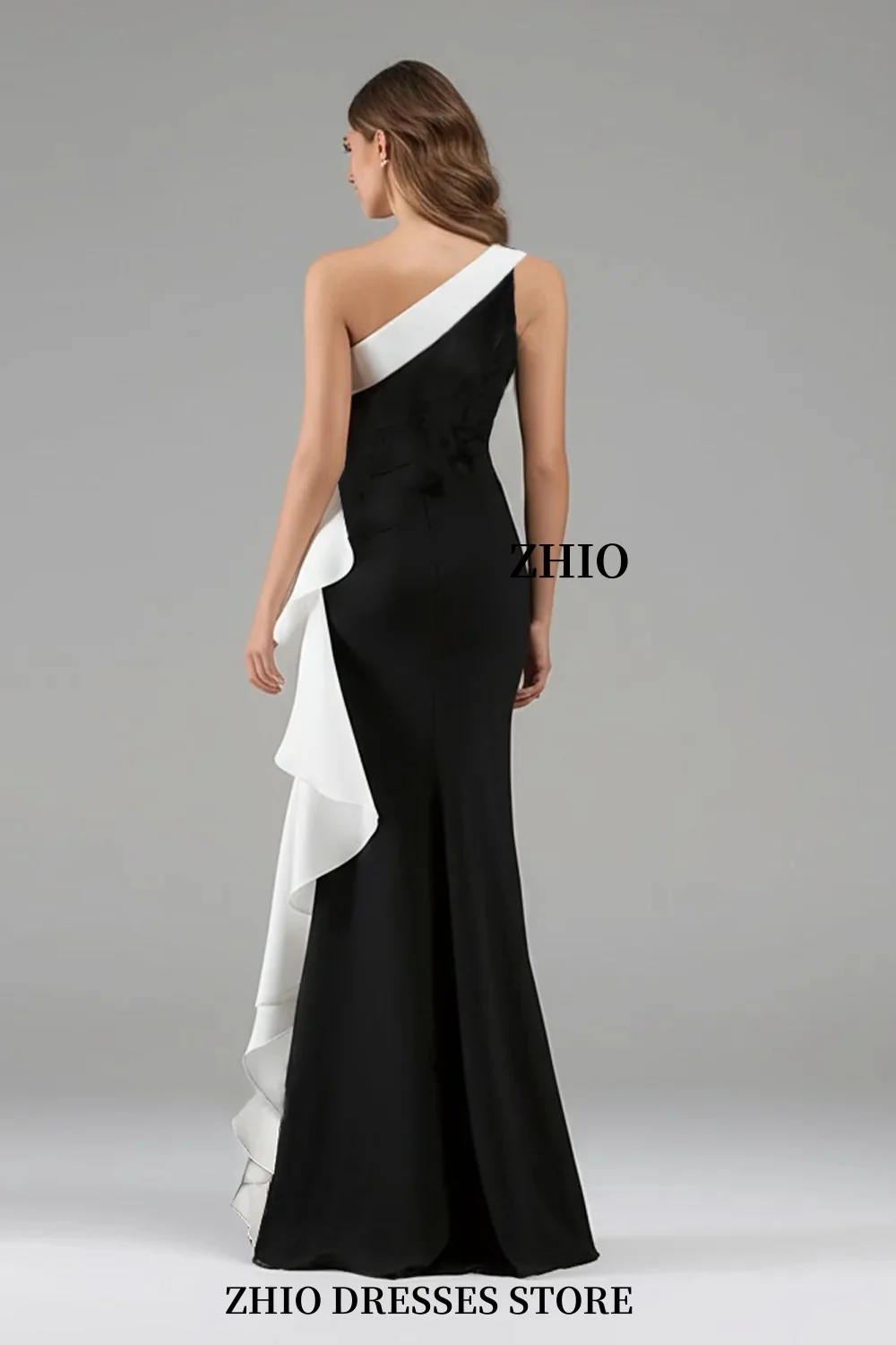 فستان ZHIO أنيق أسود وأبيض منقوش عليه زهور للمشاهير حورية البحر بألوان متباينة مكشكشة بدون أكمام فستان سهرة رسمي مخصص