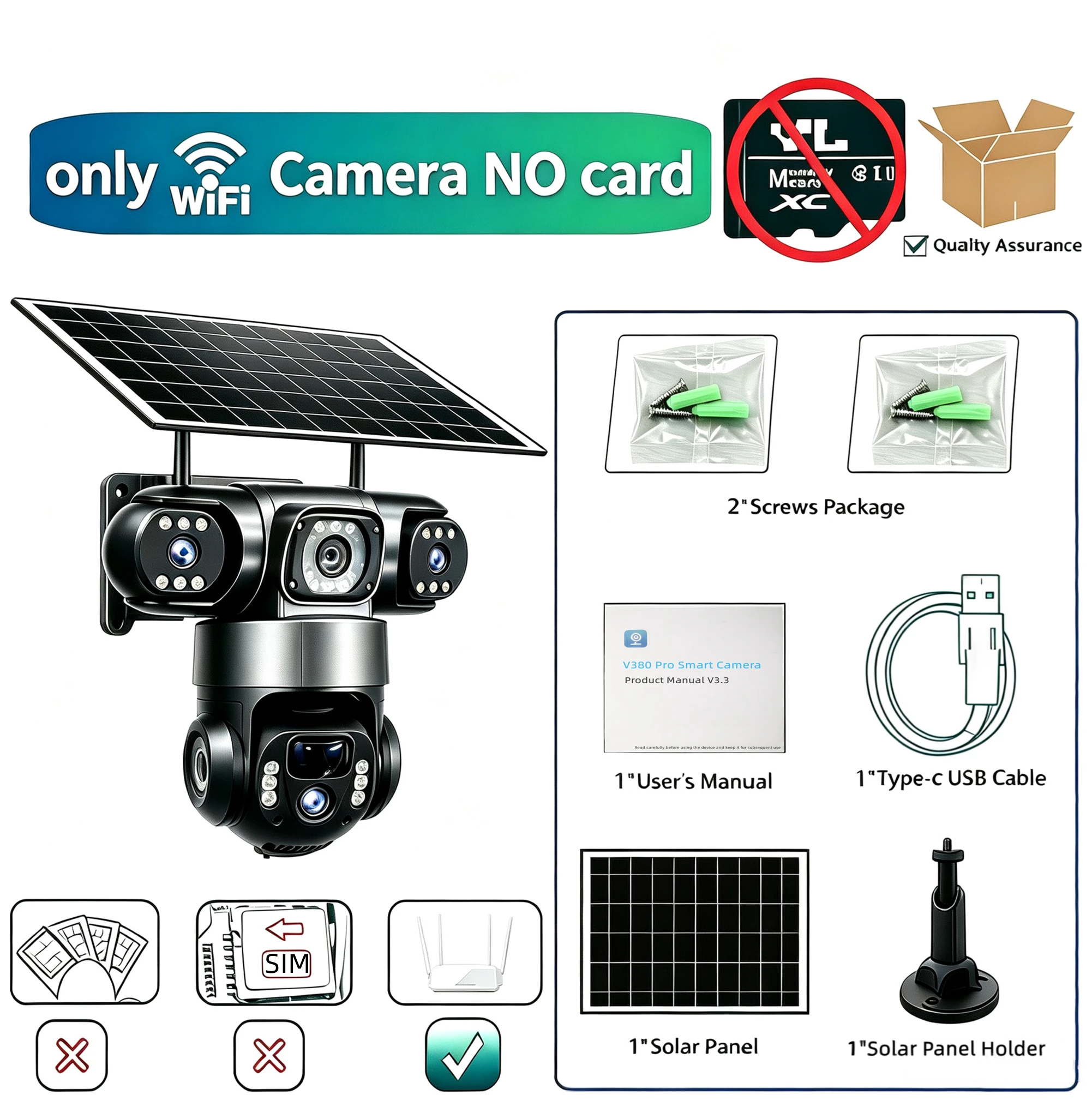 Triple-Lens WiFi Solar-Powered Outdoor Camera with Human Motion Detection, Colour Night Vision, Three-Screen Monitoring