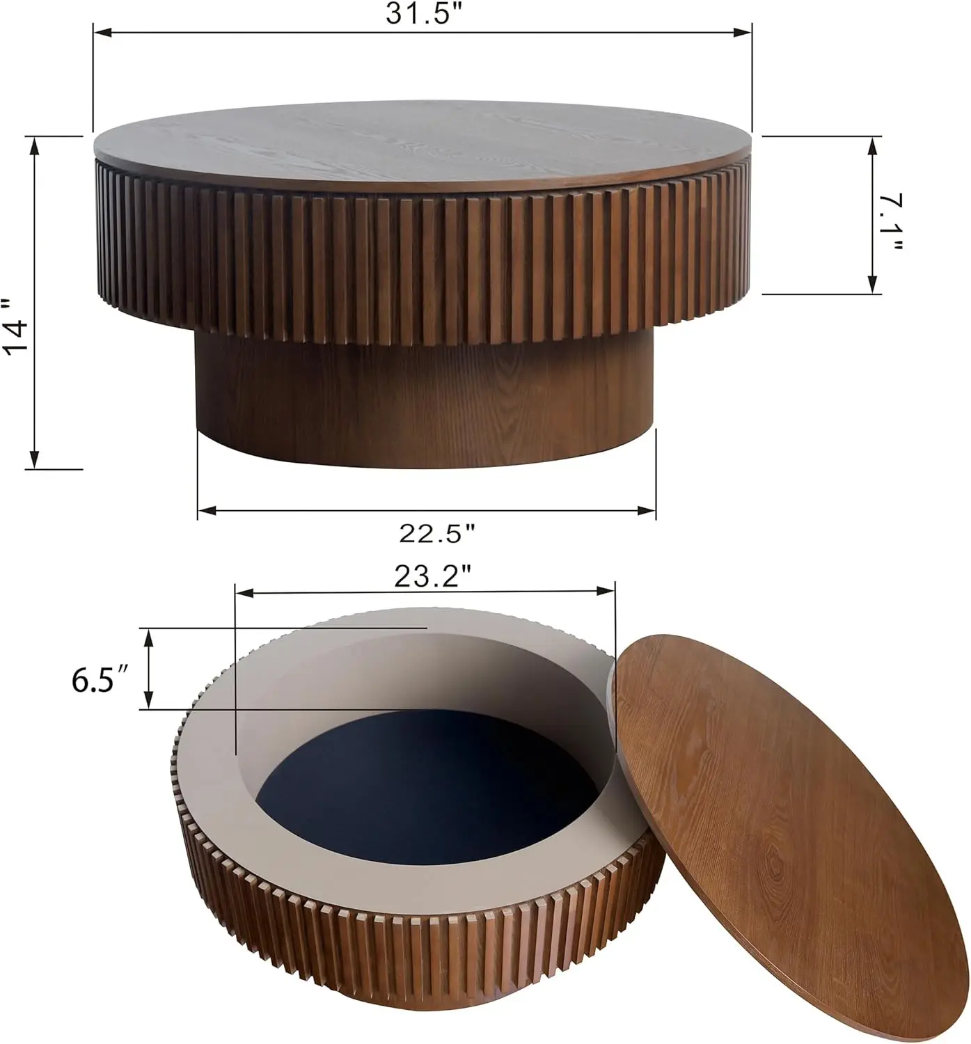 Mesa de centro redonda de 31,5 '' com armazenamento, mesas centrais de tambor circular de luxo modernas com folheado de madeira maciça, café lateral com detalhes