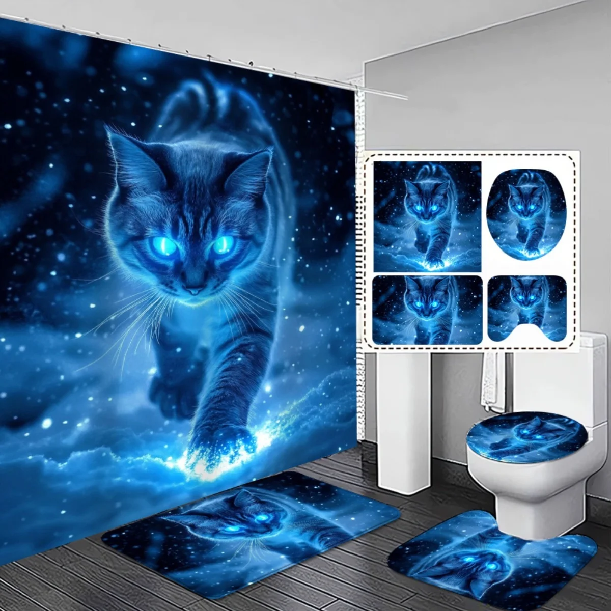 

4 шт. потрясающая занавеска для душа с принтом синего кота и набор нескользящих ковриков для ванной - идеально подходит для современного декора ванной комнаты, изысканный