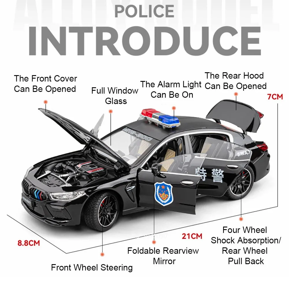 1/24 Legierung Diecast BMW M8 Polizeiautos Modell Spielzeug Rad Zurückziehen Gummireifen Sound Licht Miniatur Fahrzeug Jungen Sammlung Geschenke