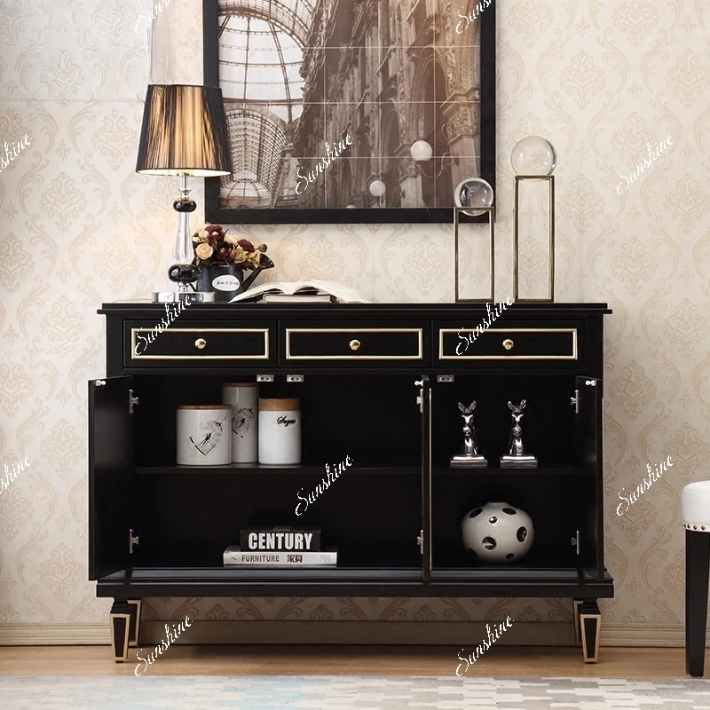 Neoclassical black gold-painted entrance cabinet, simple dining side cabinet in living room