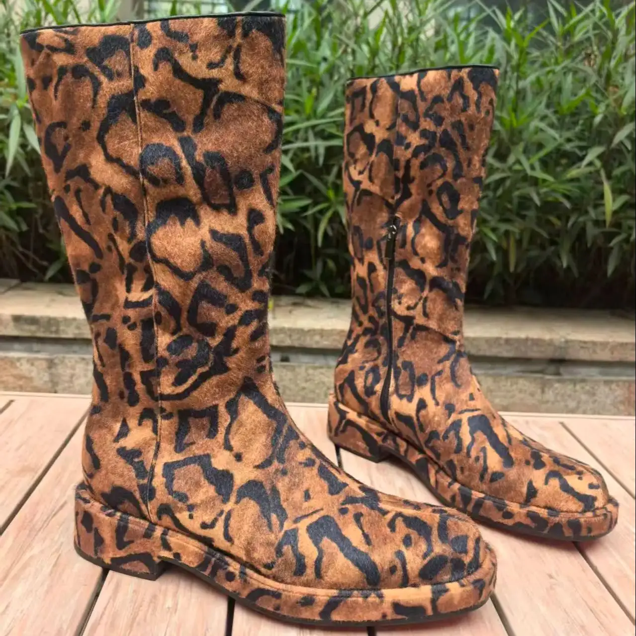 Brown Tiger Skin Shape Print Suede Leather Boots For Men Round Toe Red Sole Boot Male Back Zipper Ethnic Style Shoes Fashion New
