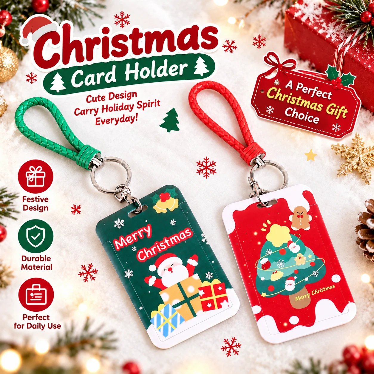 Christmas Card Holder with Lanyard, Festive ID Badge Holder Keychain, Cute Holiday Card Case for Office Gifts
