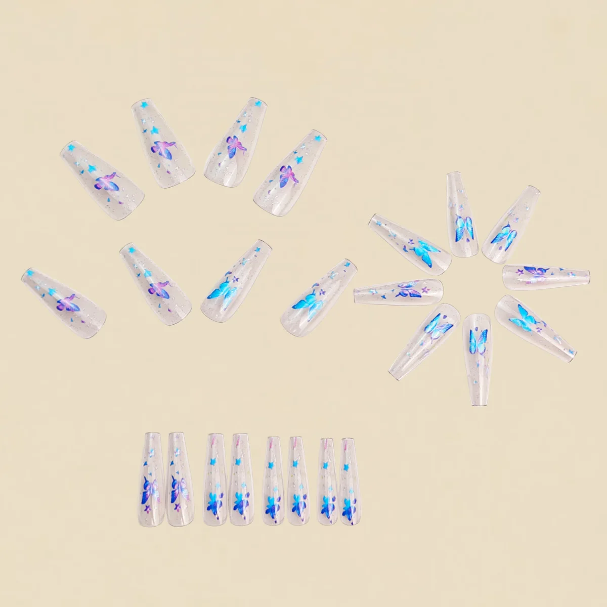 Medium Fake Nails for Women Gilrs Half Clear Ballet Nail Tips Gradient Purple Blue Butterfly Design Full Cover Press On Nail Set view 3
