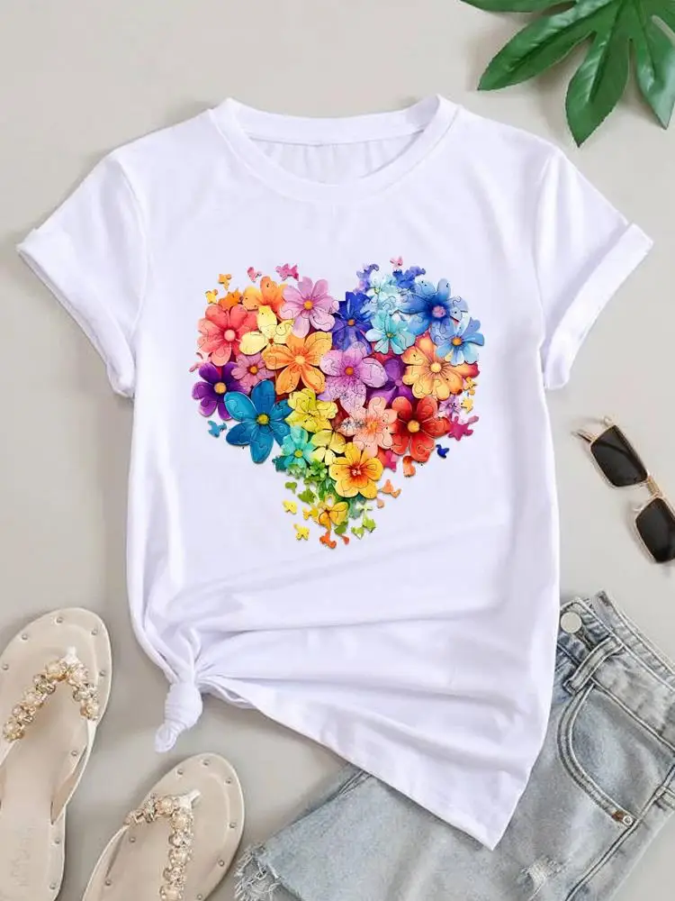 

Повседневная модная футболка с круглым вырезом, трендовая одежда с сердечком, футболки с графическим рисунком для женщин, футболка с короткими рукавами и принтом, женская одежда