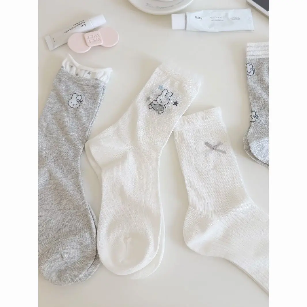 Cute Miffy Crew Socks for Girls, Summer Thin Mesh, White & Gray Cartoon Style view 3