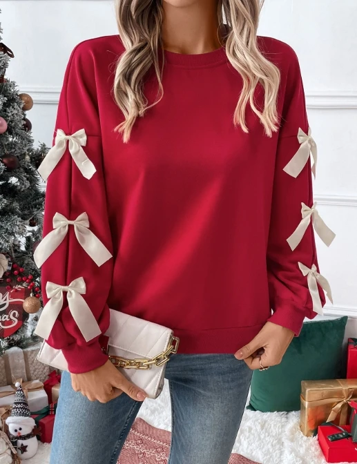 Women's Sweatshirt Top Autumn Winter Casual Solid Round Neck Bow Tie Decor Design Long Sleeve Top Fashion Christmas Hoodie Top