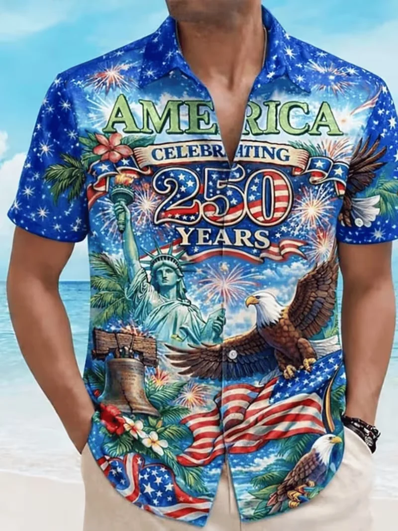 Shirts For Man America 250th Anniversary Patriotic Hawaiian Shirt With Statue Of Liberty And Eagle Print  Short Sleeve Clothes