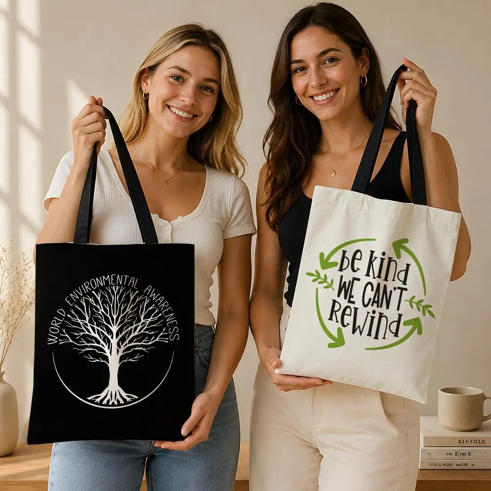 Eco Art E-Earth Day Graphic Pack Storage Bags Durable Canvas Shoulder Tote Versatile for School Commuting Shopping Travel