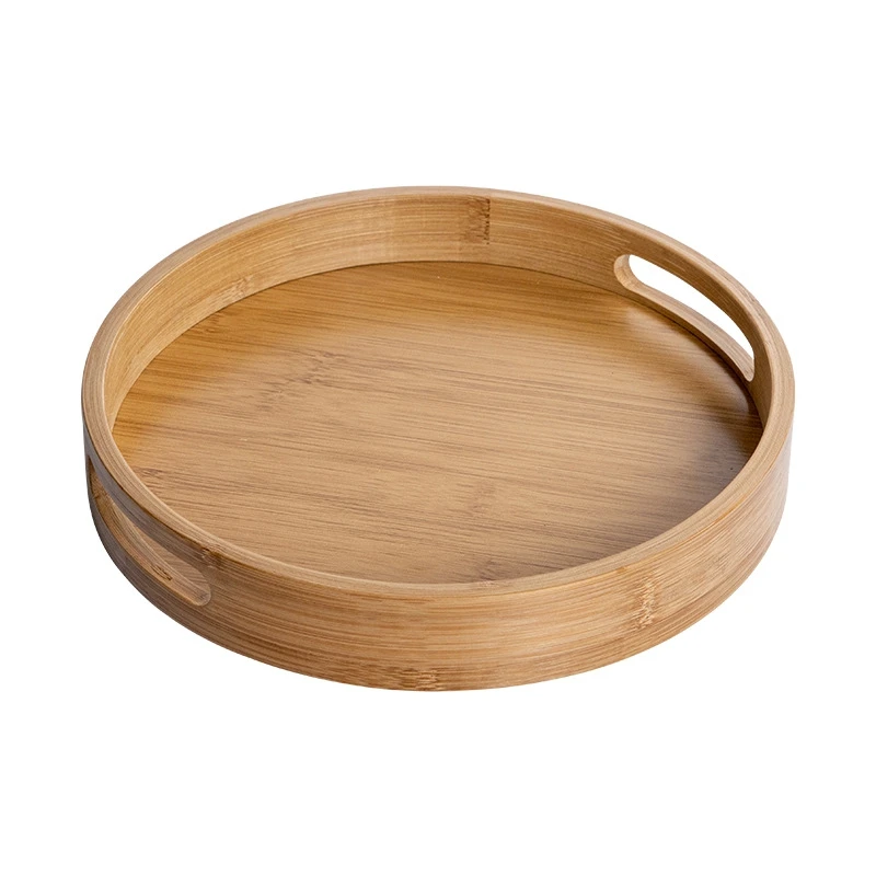 Round Serving Tray with Handles - Wooden Bamboo Circle Tray for Coffee Table, Food, Ottoman 11.81 Inch X 1.57 Inch