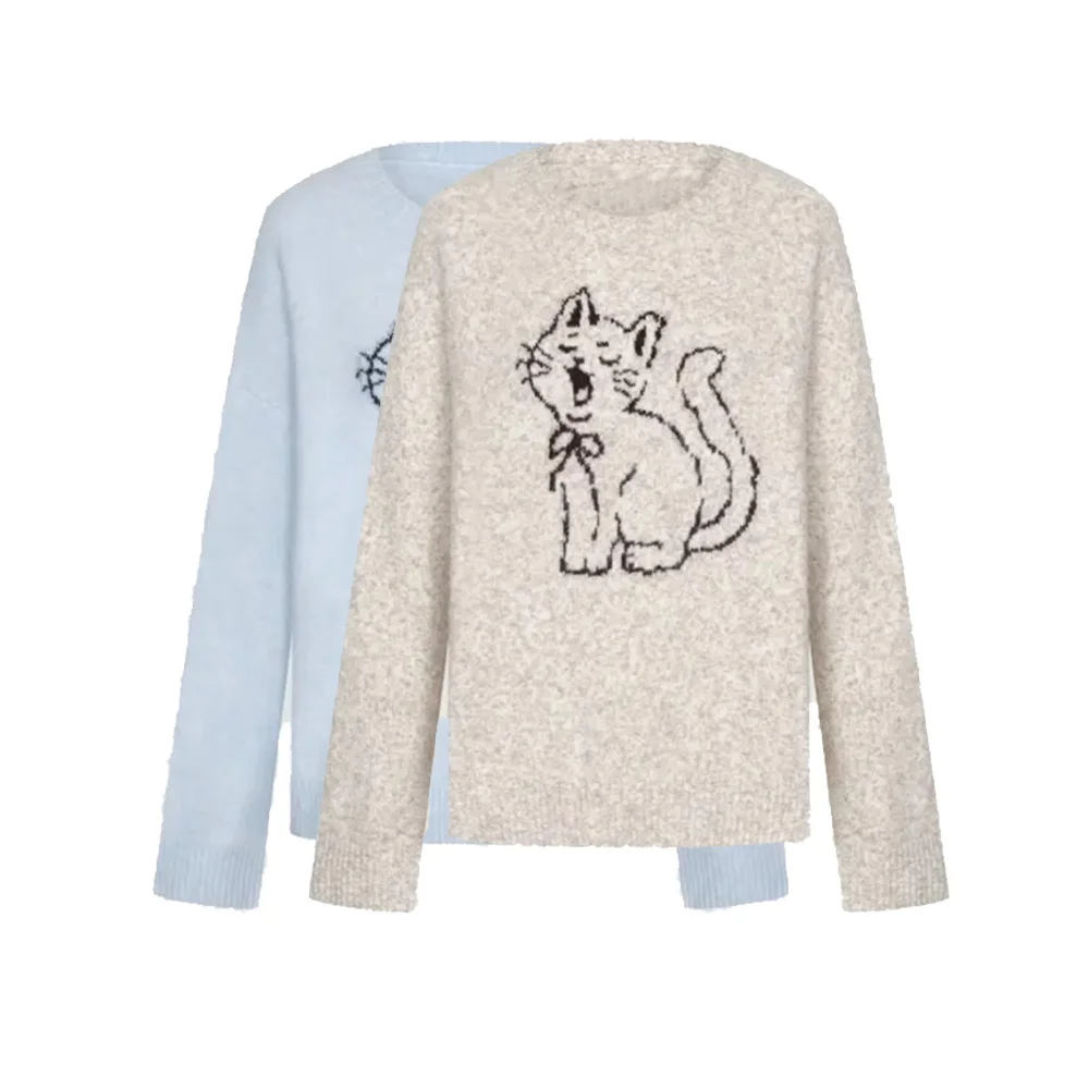 

KONDALA осенний милый повседневный свитер, женский свободный вязаный пуловер с принтом котенка, топы, весна-осень 2021, модные топы с кошачьим узором