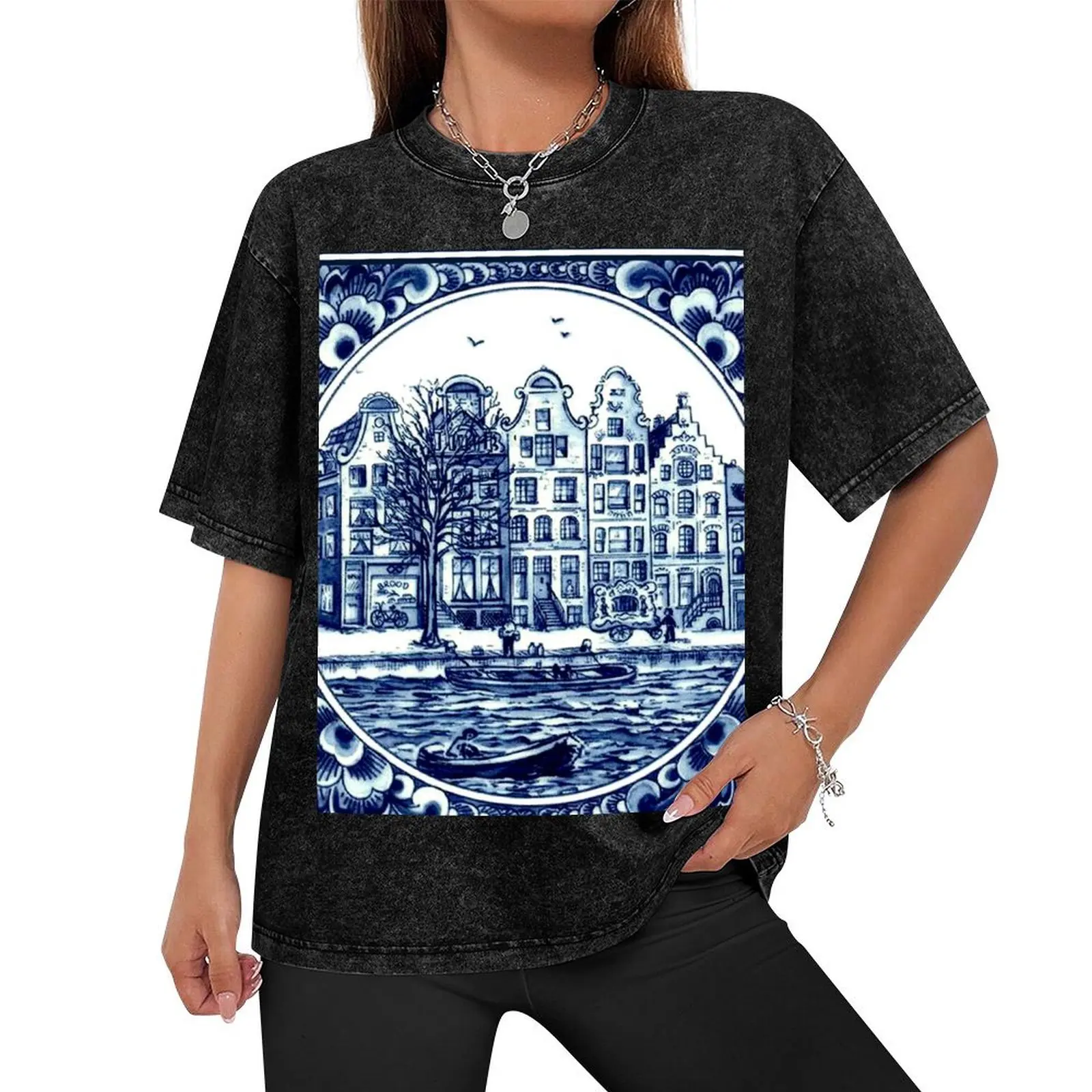 DUTCH BLUE DELFT : Vintage Boats in Canal Amsterdam Print T-Shirt vintage clothes sweat anime tshirt t shirt men 100℅ cotton