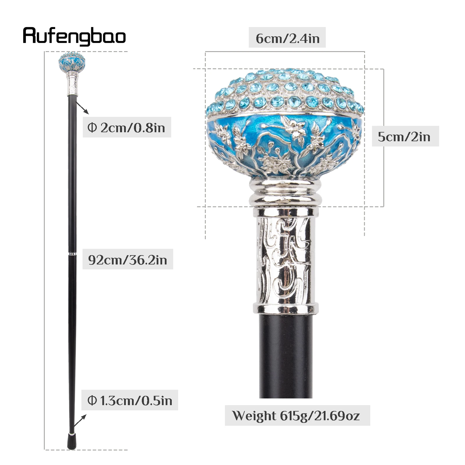 Blue White Artificial Diamond Ball Walking Cane Fashion Decorative Walking Stick Gentleman Elegant Cosplay Cane Crosier 92cm