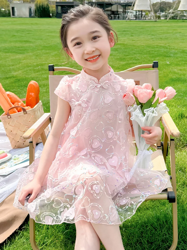 Vestido Estilo Princesa com Coração Bordado para Meninas, Novo Estilo Chinês Moderno,  Infantil, Hanfu de Manga Curt...