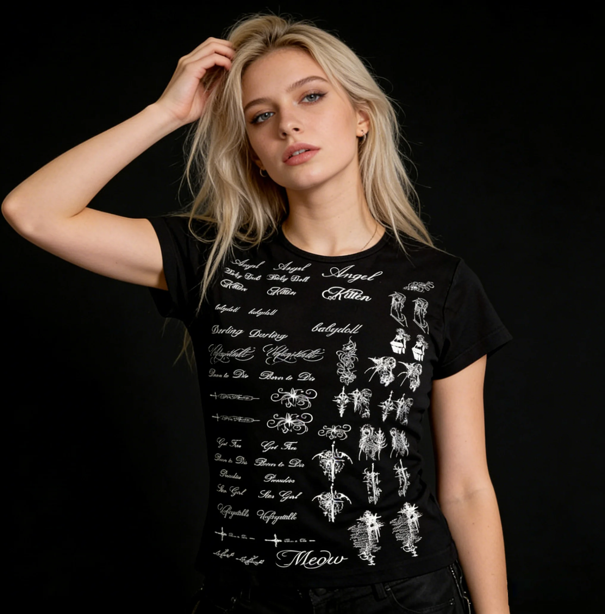 Cartoon English pattern printed T-shirt - trendy fashionable punk high street gothic style - versatile summer T-shirt for women