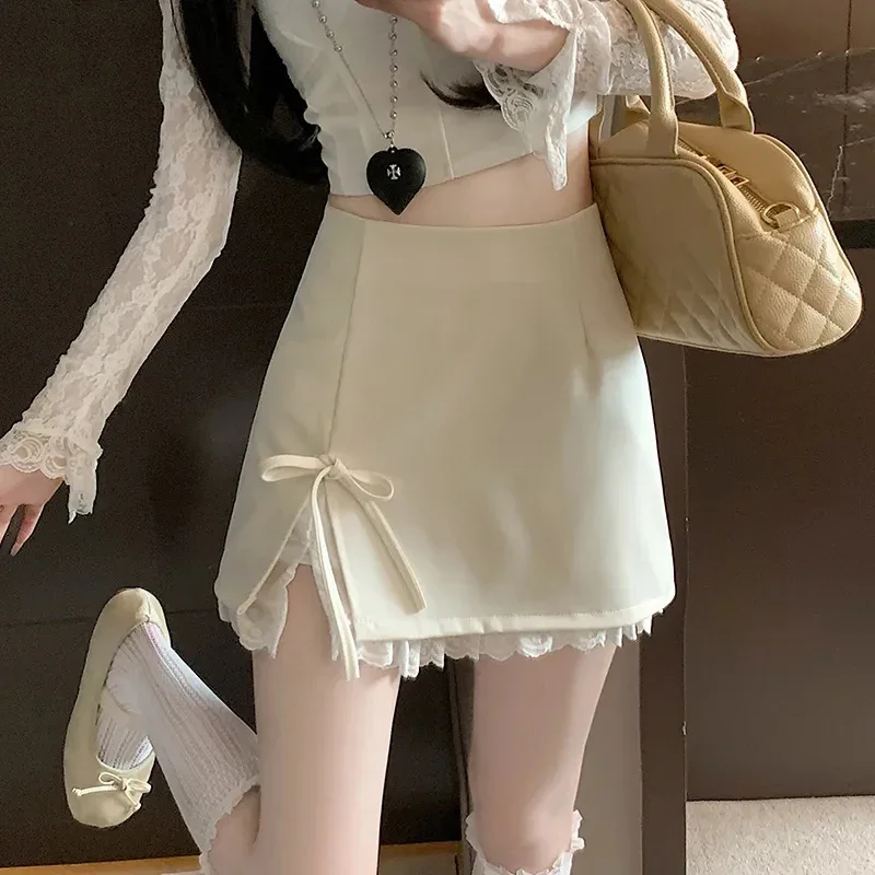 Sweet Bow Lace Up Women Mini Skirt Korean Elegant Spliced Lace Design A-line Skirt Stylish High Waist Slimming Female Slit Skirt