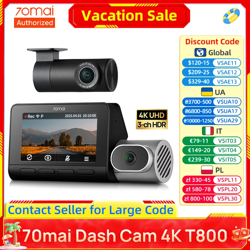 70mai 3-Channel 4K HDR Dash Cam T800 Supercapacitor 70mai Car DVR