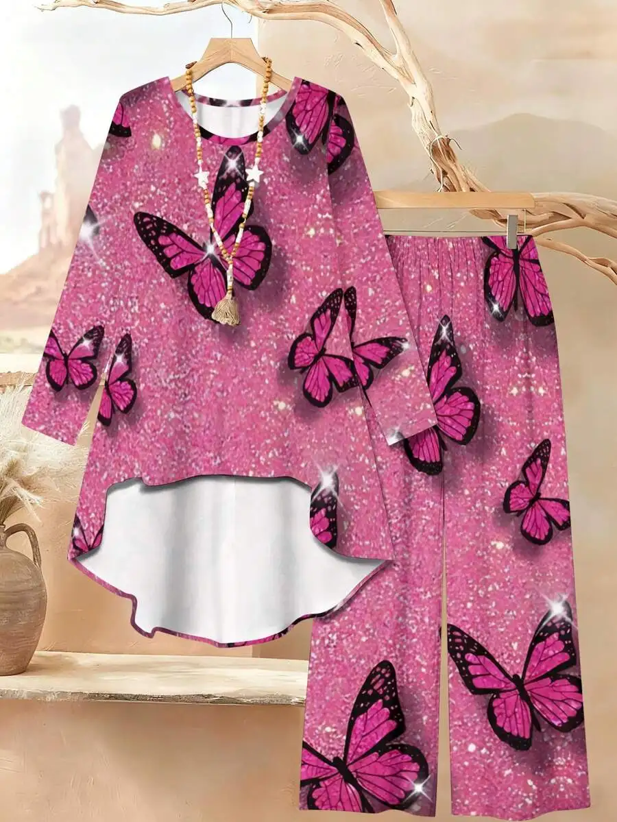 

Womens Loose Long Sleeve Butterfly Print Pants Set Breathable Comfortable